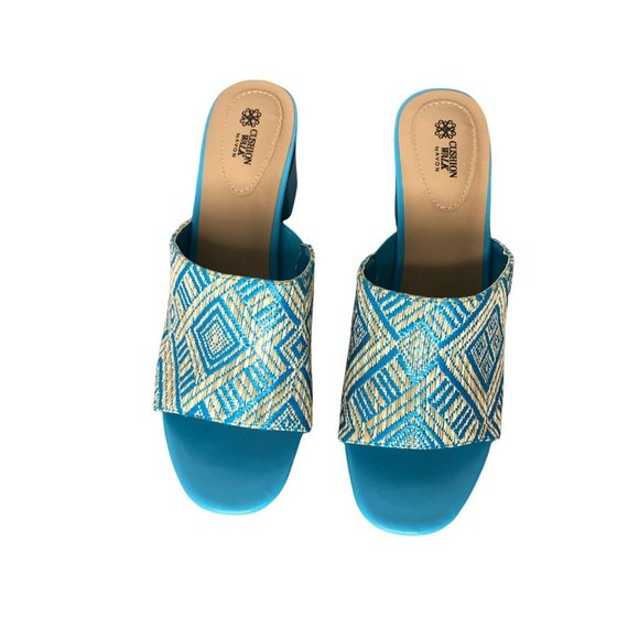 Avon Cushion Walk Slides Sandal Block Heel Womens 10 Blue Straw Weave Mules New - Picture 2 of 10